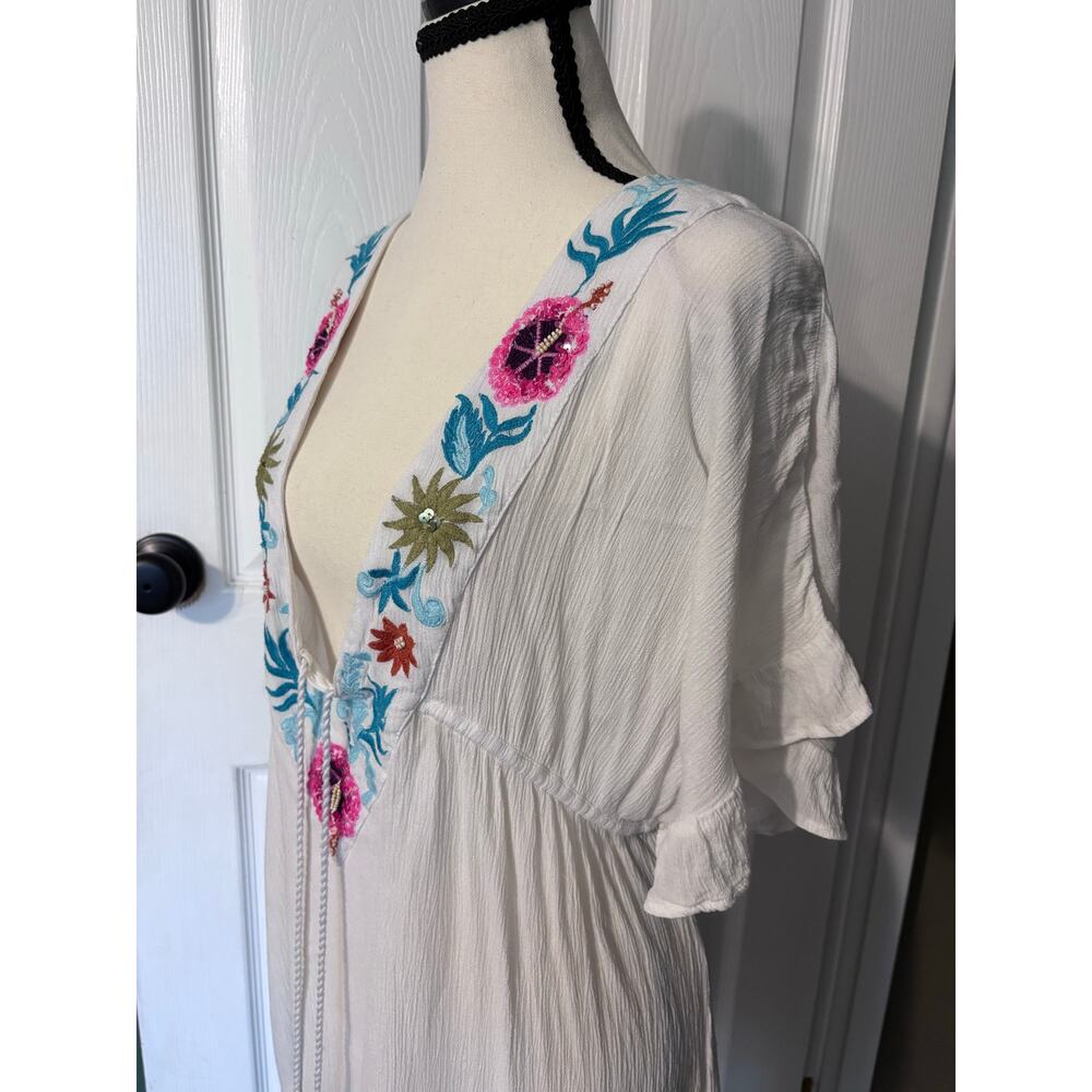 Blue Island Beach Coverup Women's Medium White Tropical Beaded Flowers - Picture 6 of 8